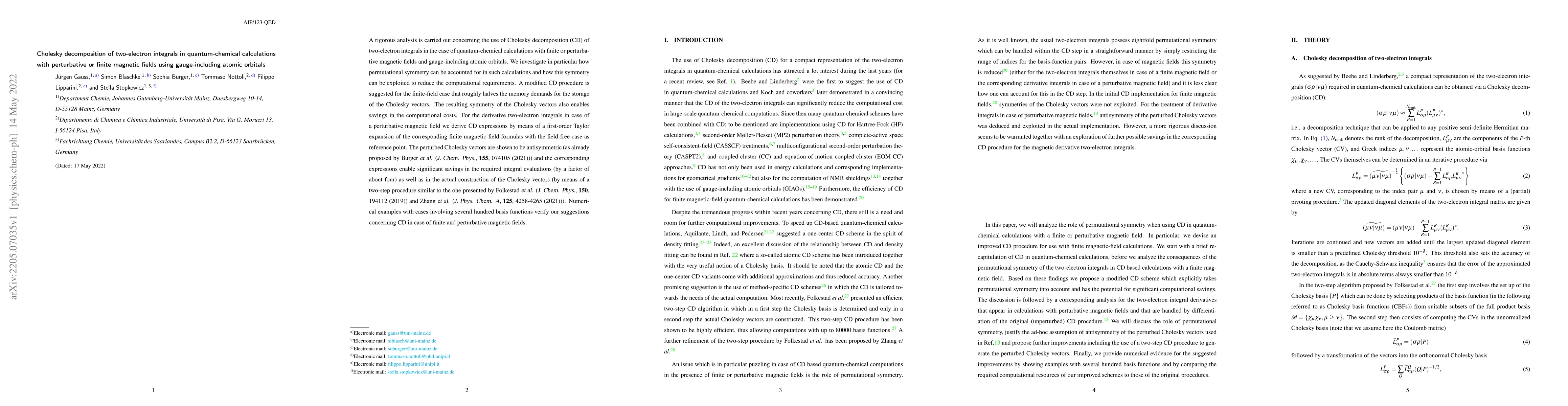 Thumbnail for Cholesky decomposition of two-electron integrals in quantum-chemical
  calculations with perturbative or finite magnetic fields using
  gauge-including atomic orbitals