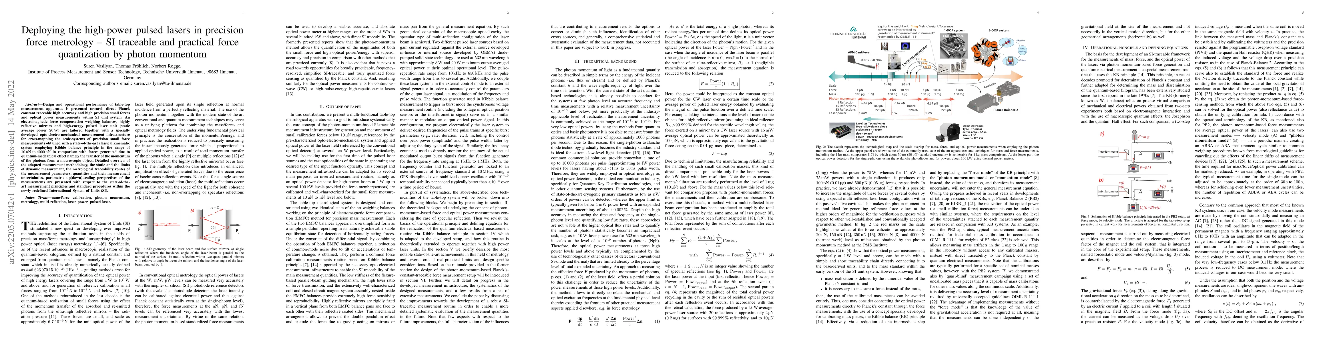 Thumbnail for Deploying the high-power pulsed lasers in precision force metrology --
  SI traceable and practical force quantization by photon momentum
