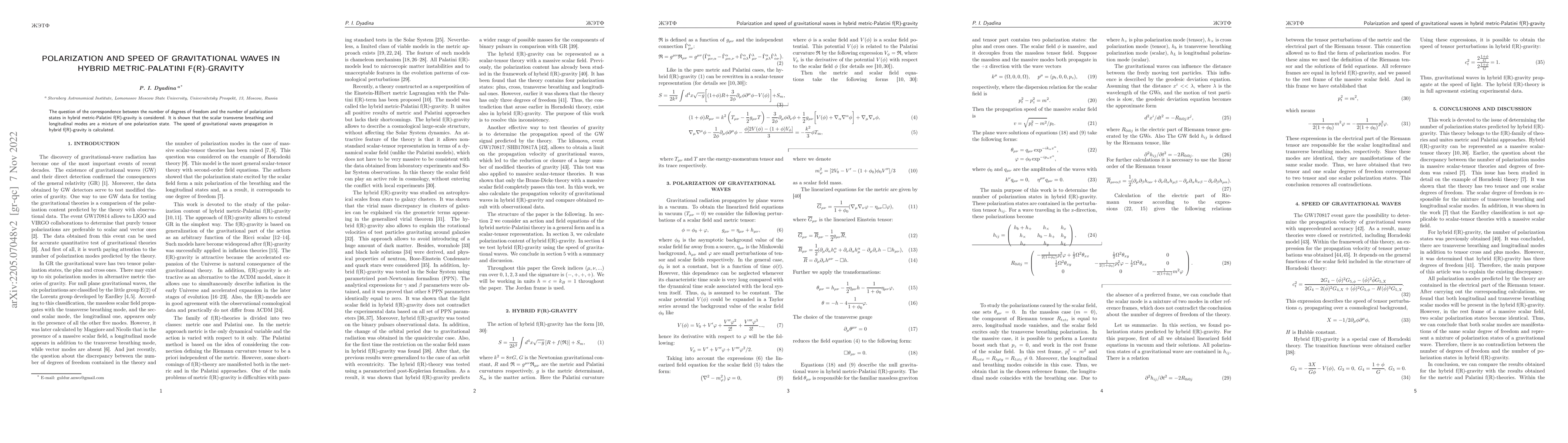 Thumbnail for Polarization and speed of gravitational waves in hybrid metric-Palatini
  f(R)-gravity
