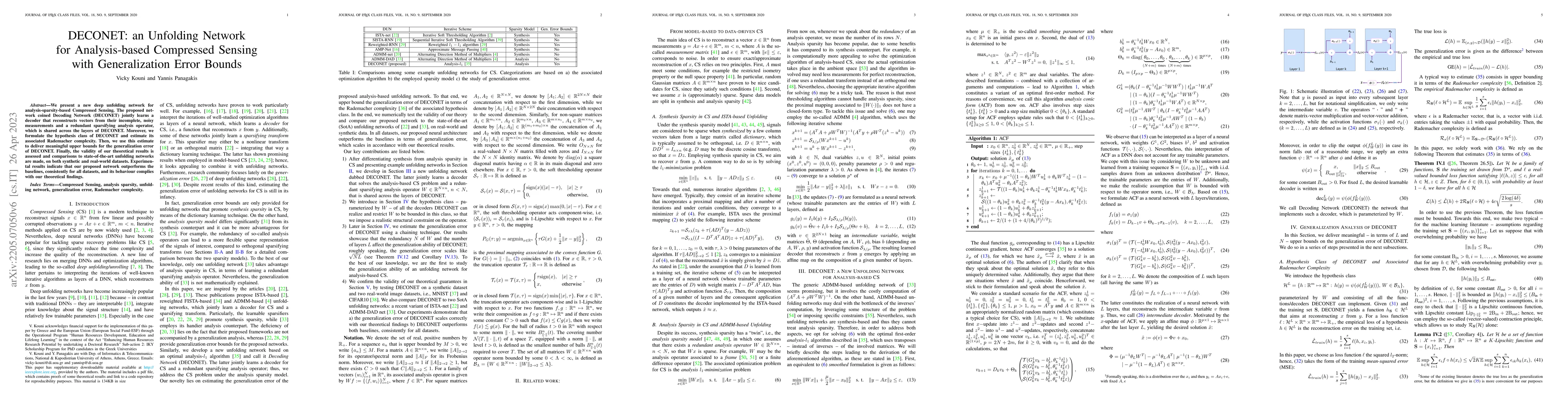 Thumbnail for DECONET: an Unfolding Network for Analysis-based Compressed Sensing with
  Generalization Error Bounds
