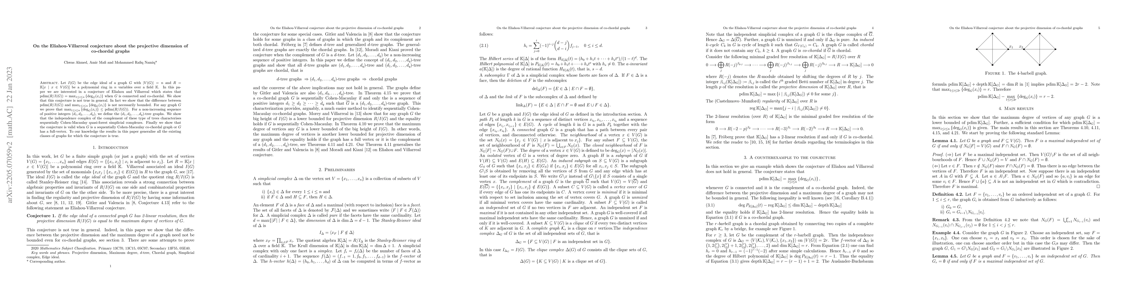 Thumbnail for On the Eliahou and Villarreal conjecture about the projective dimension
  of co-chordal graphs