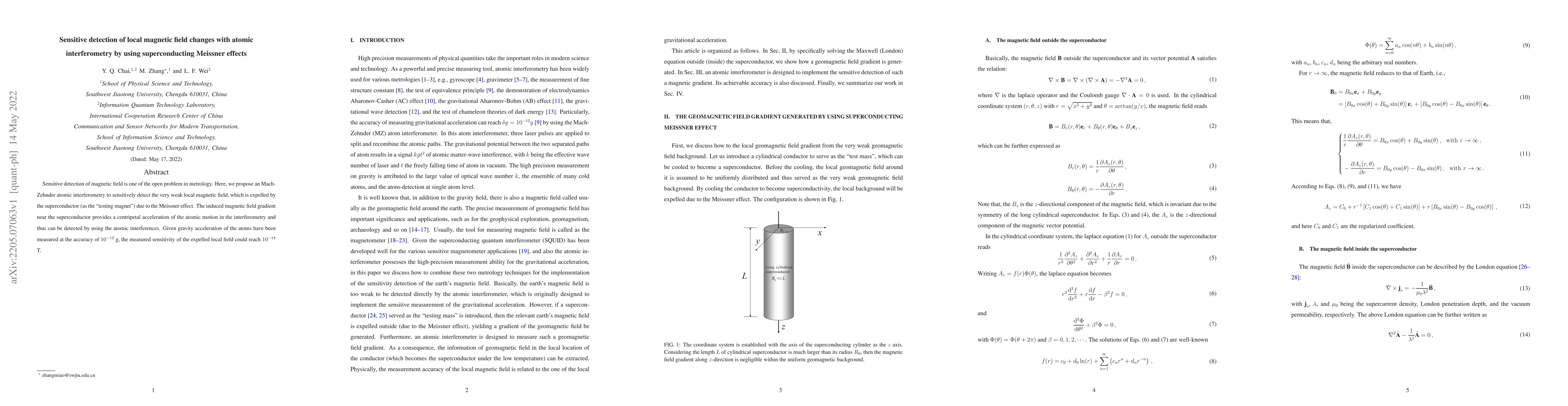 Thumbnail for Sensitive detection of local magnetic field changes with atomic
  interferometry by using superconducting Meissner effects