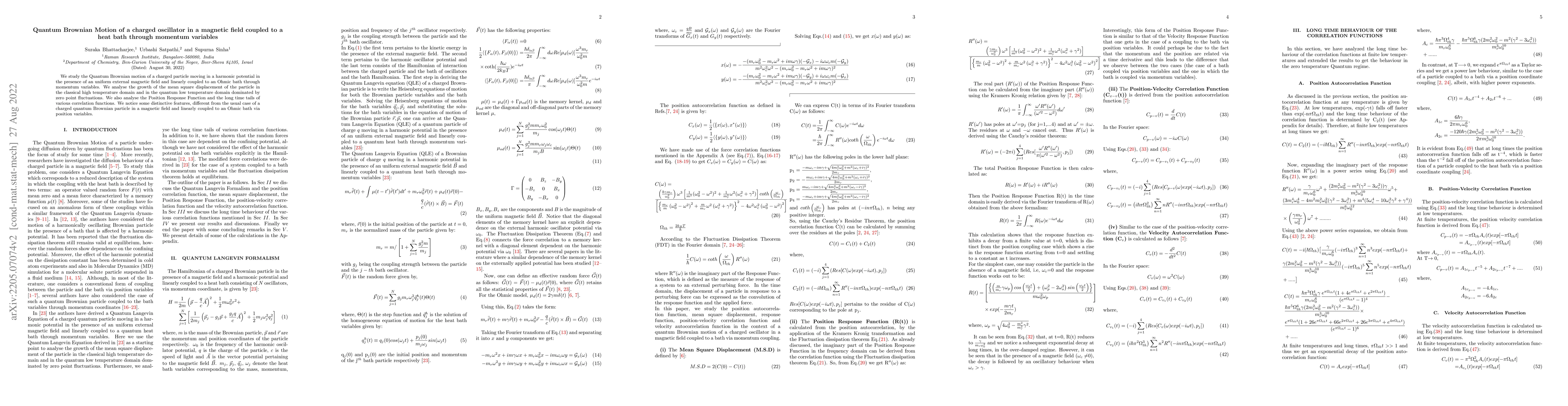 Thumbnail for Quantum Brownian Motion of a charged oscillator in a magnetic field
  coupled to a heat bath through momentum variables