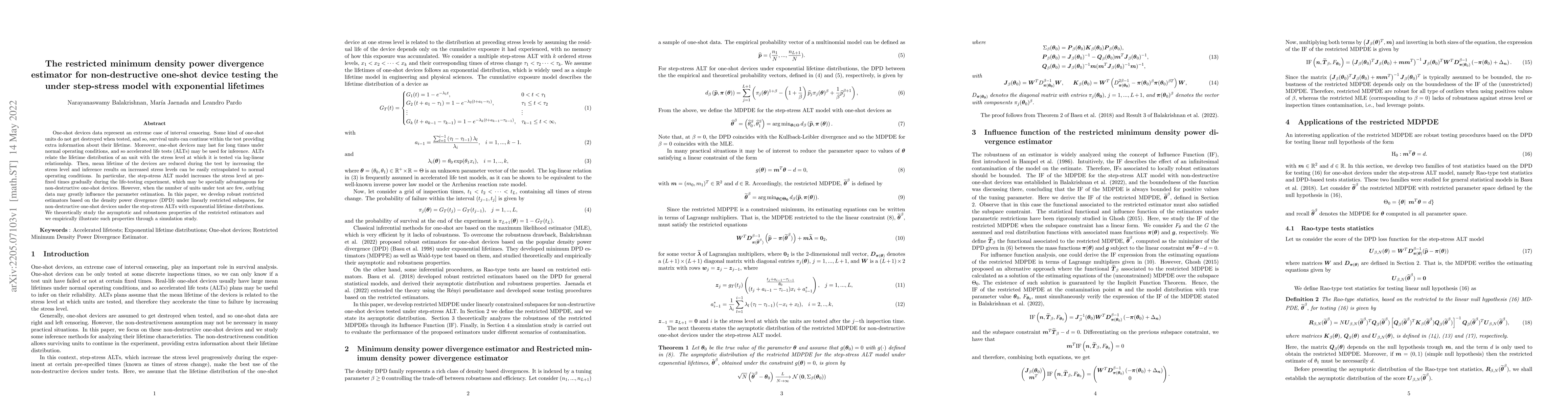 Thumbnail for The restricted minimum density power divergence estimator for
  non-destructive one-shot device testing the under step-stress model with
  exponential lifetimes
