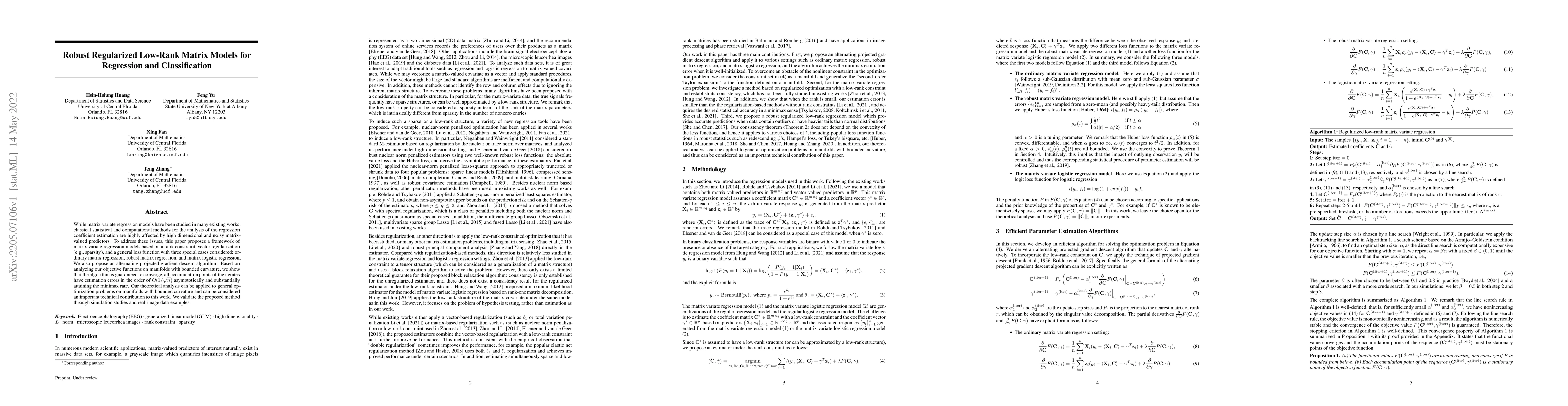 Thumbnail for Robust Regularized Low-Rank Matrix Models for Regression and
  Classification