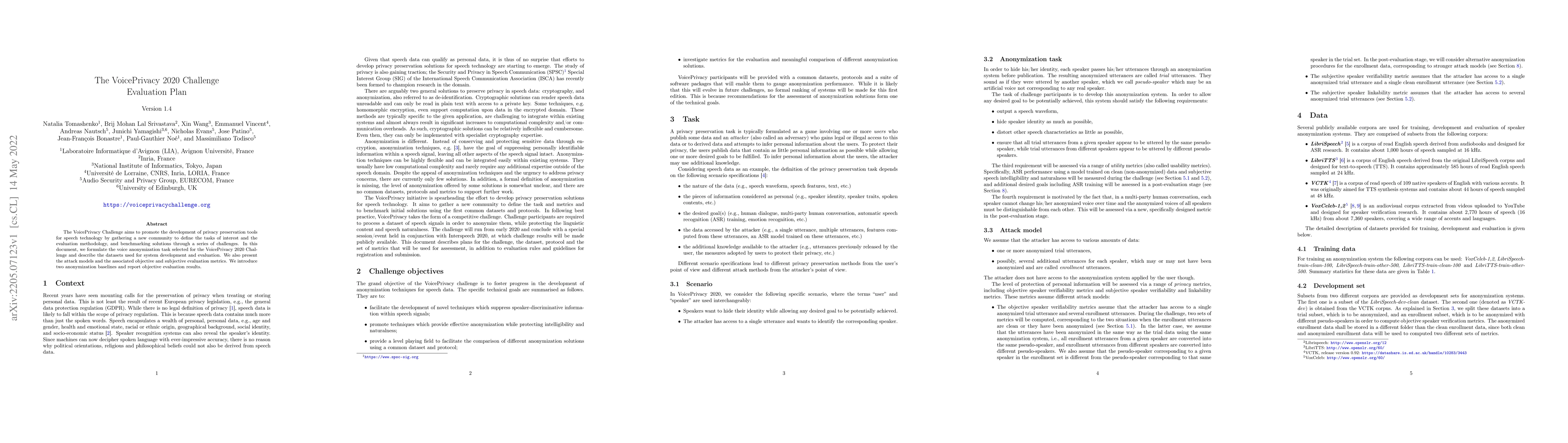 Thumbnail for The VoicePrivacy 2020 Challenge Evaluation Plan