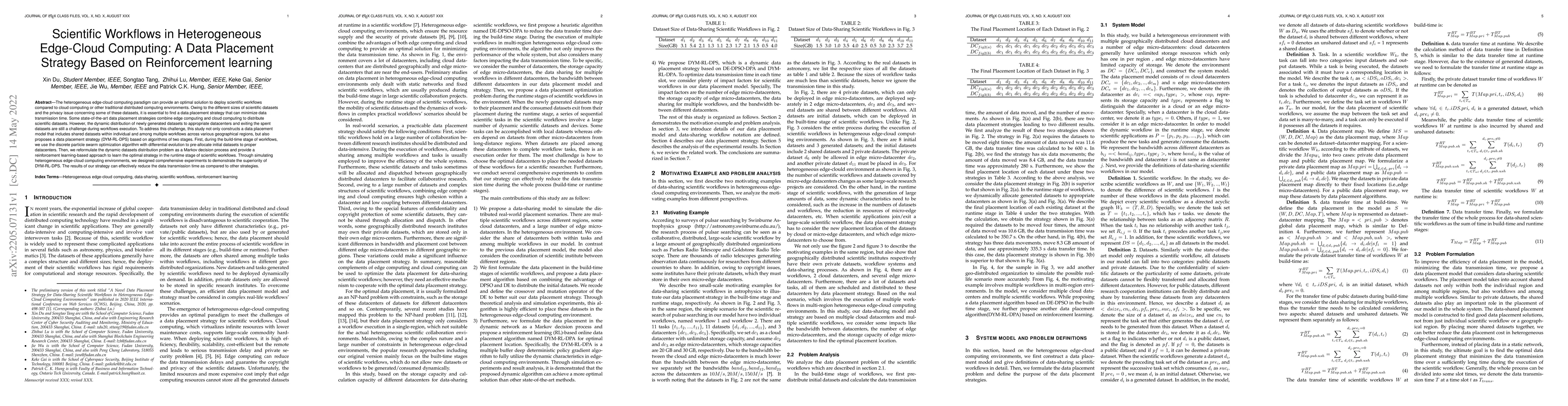 Thumbnail for Scientific Workflows in Heterogeneous Edge-Cloud Computing: A Data
  Placement Strategy Based on Reinforcement learning
