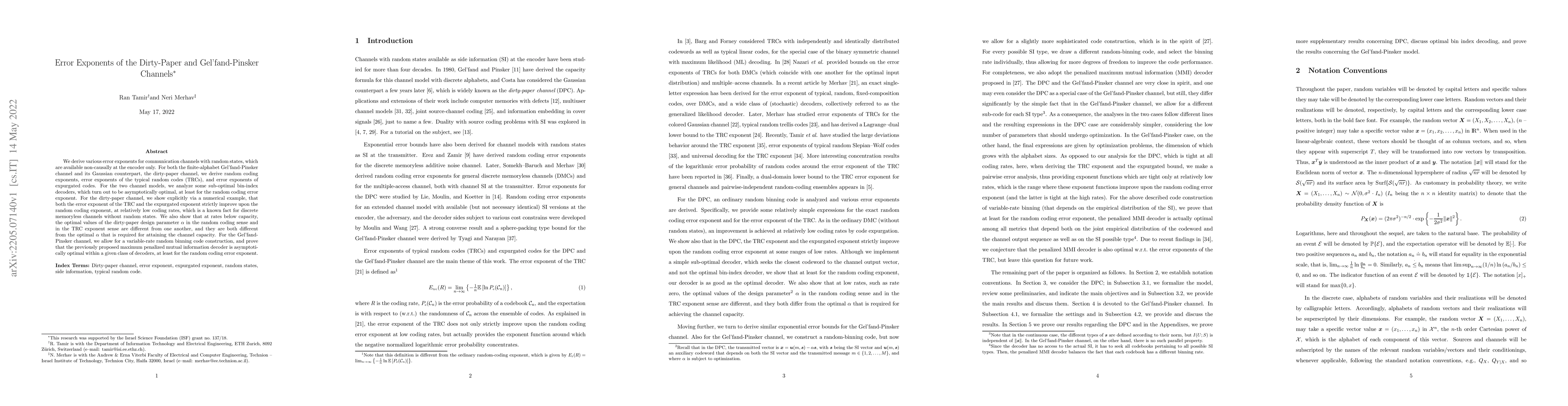 Thumbnail for Error Exponents of the Dirty-Paper and Gel'fand-Pinsker Channels