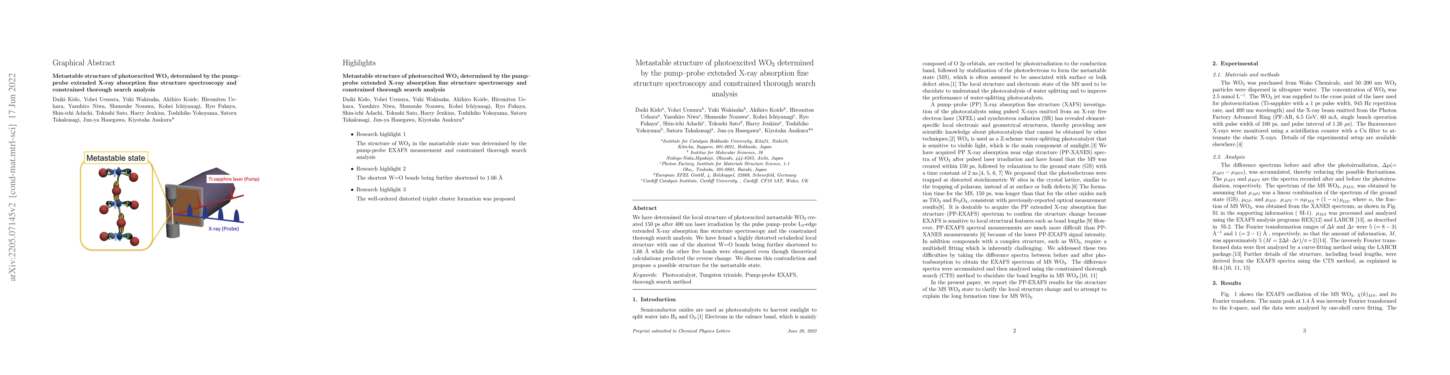 Thumbnail for Metastable structure of photoexcited WO$_{3}$ determined by the
  pump--probe extended X-ray absorption fine structure spectroscopy and
  constrained thorough search analysis