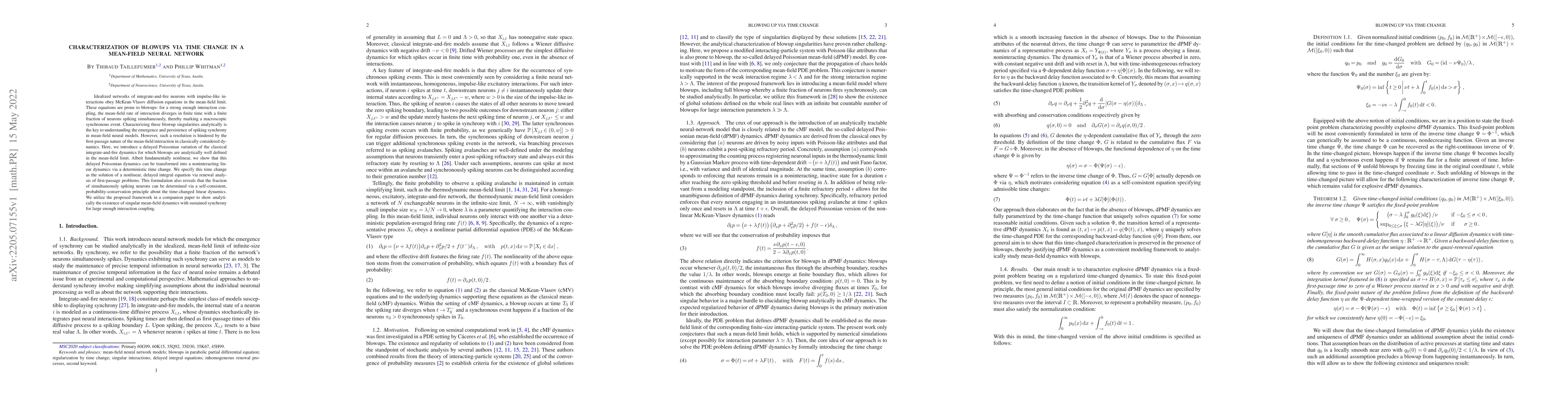 Thumbnail for Characterization of blowups via time change in a mean-field neural
  network