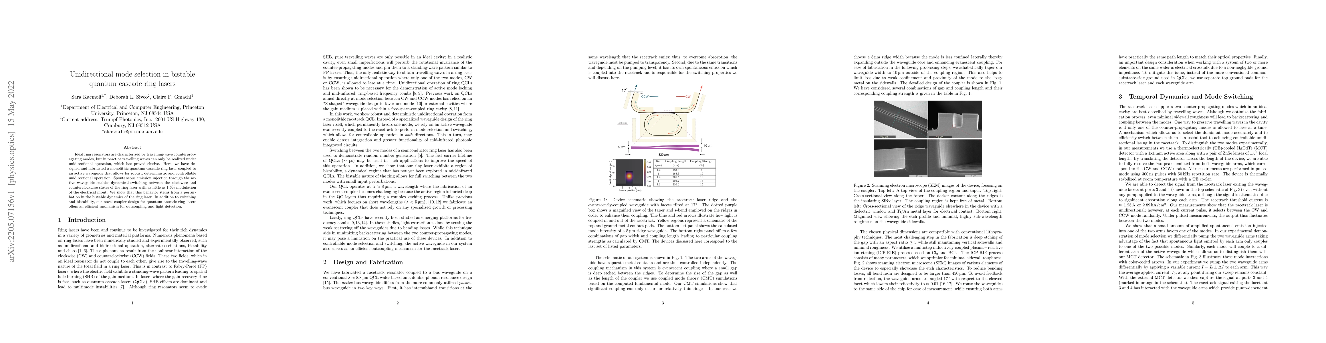 Thumbnail for Unidirectional mode selection in bistable quantum cascade ring lasers
