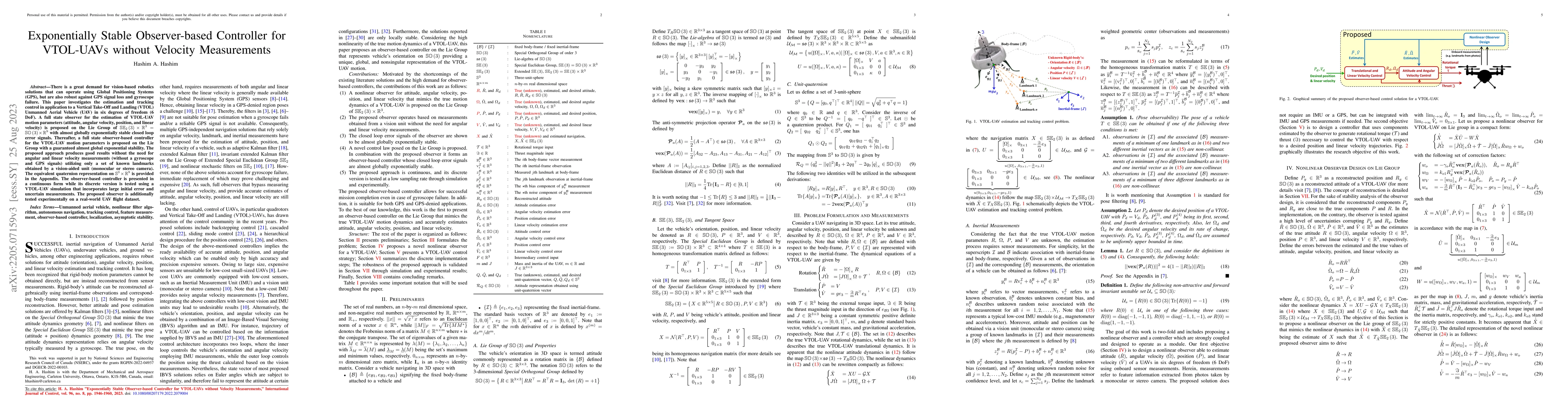 Thumbnail for Exponentially Stable Observer-based Controller for VTOL-UAVs without
  Velocity Measurements