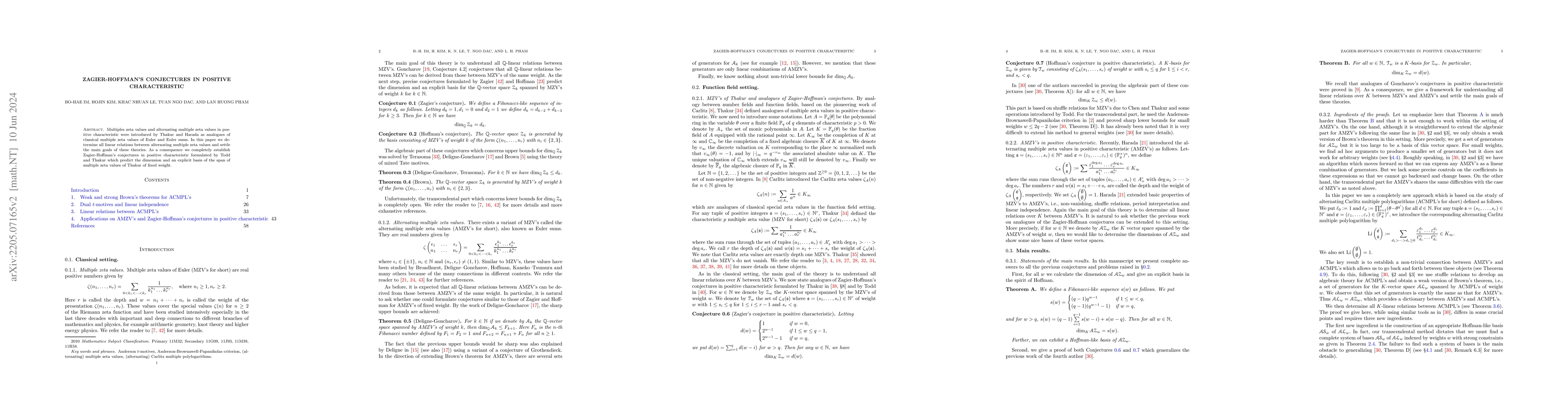 Thumbnail for Zagier-Hoffman's conjectures in positive characteristic