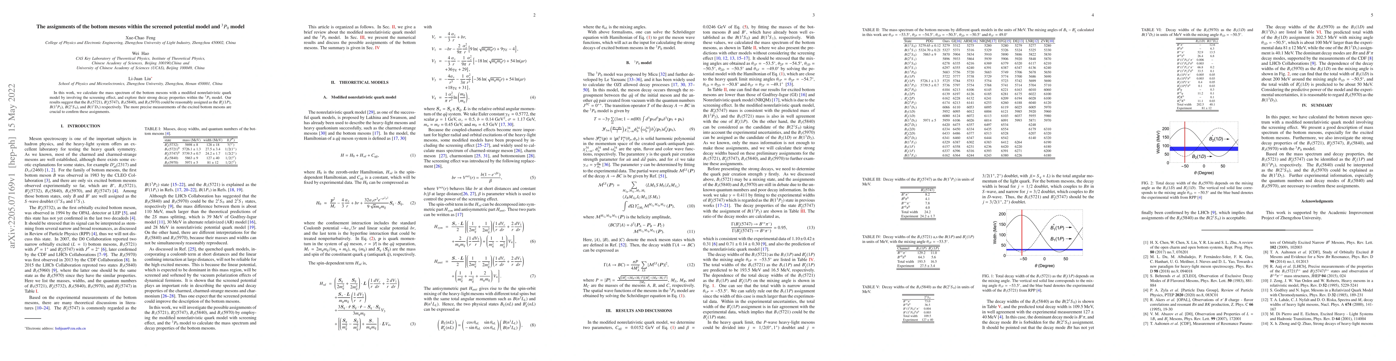 Thumbnail for The assignments of the bottom mesons within the screened potential model
  and $^3P_0$ model