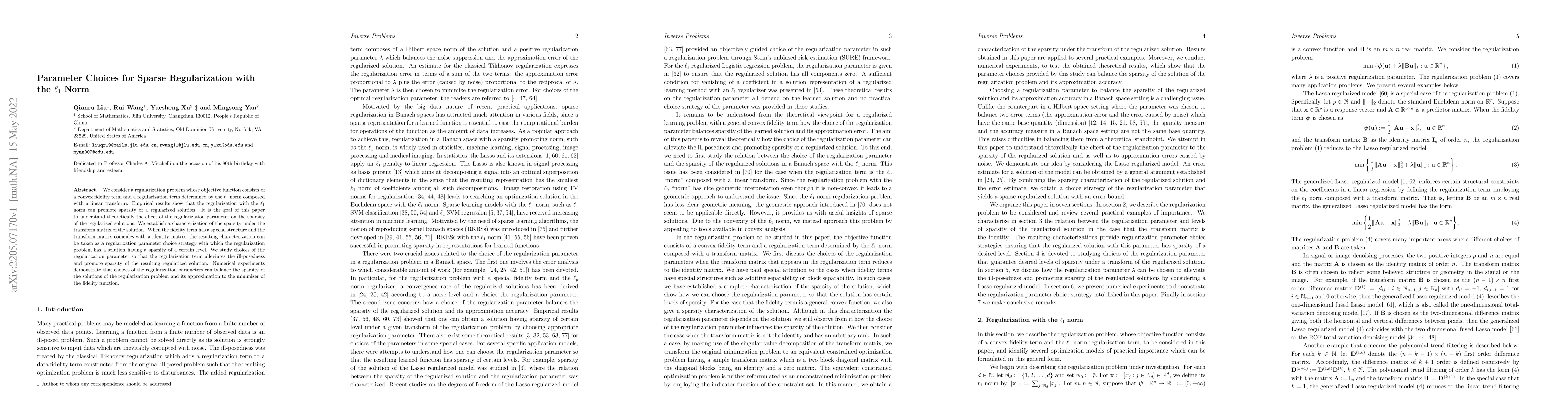 Thumbnail for Parameter Choices for Sparse Regularization with the $\ell_1$ Norm