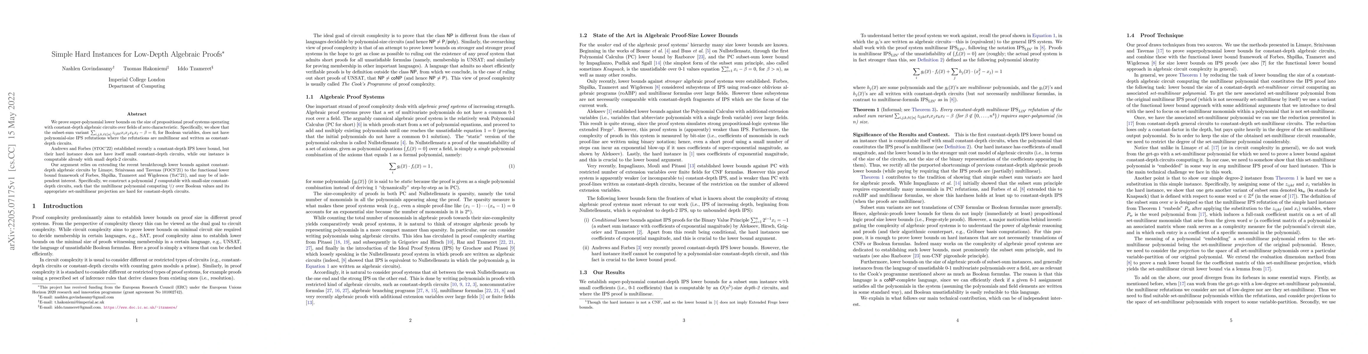 Thumbnail for Simple Hard Instances for Low-Depth Algebraic Proofs