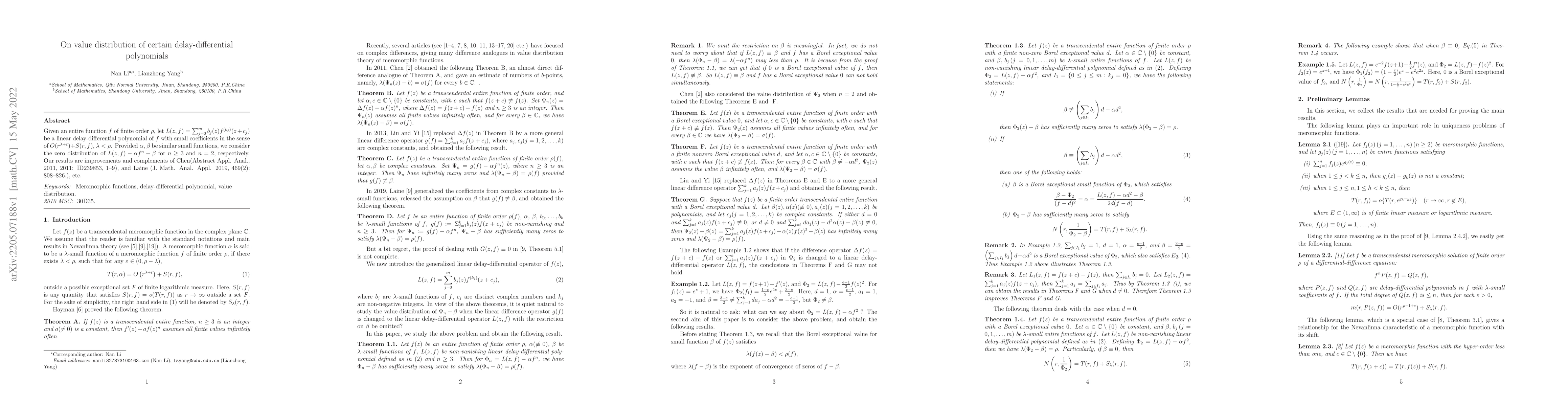 Thumbnail for On value distribution of certain delay-differential polynomials