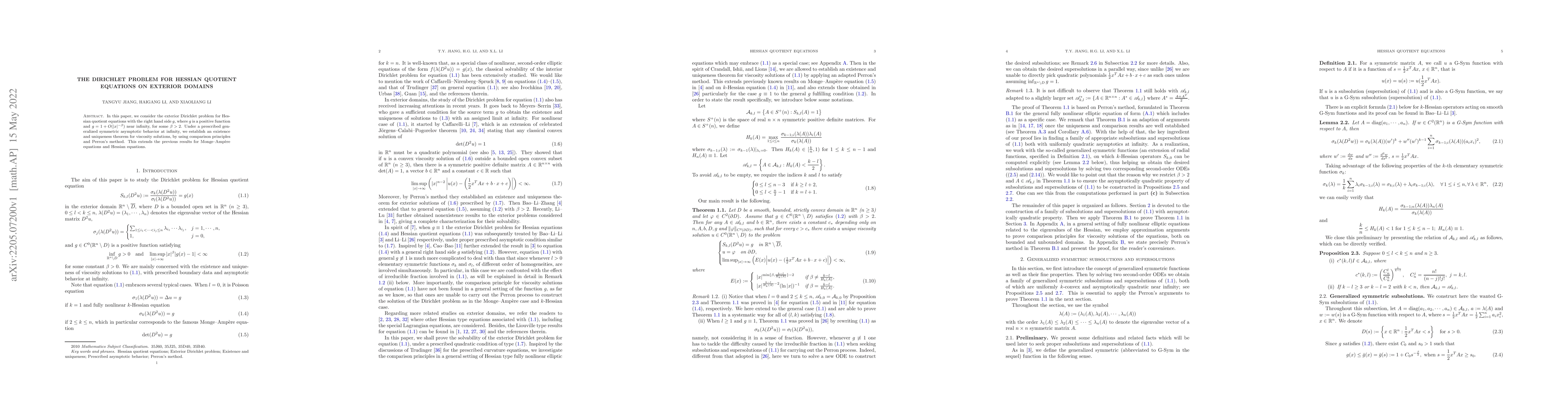 Thumbnail for The Dirichlet problem for Hessian quotient equations on exterior domains