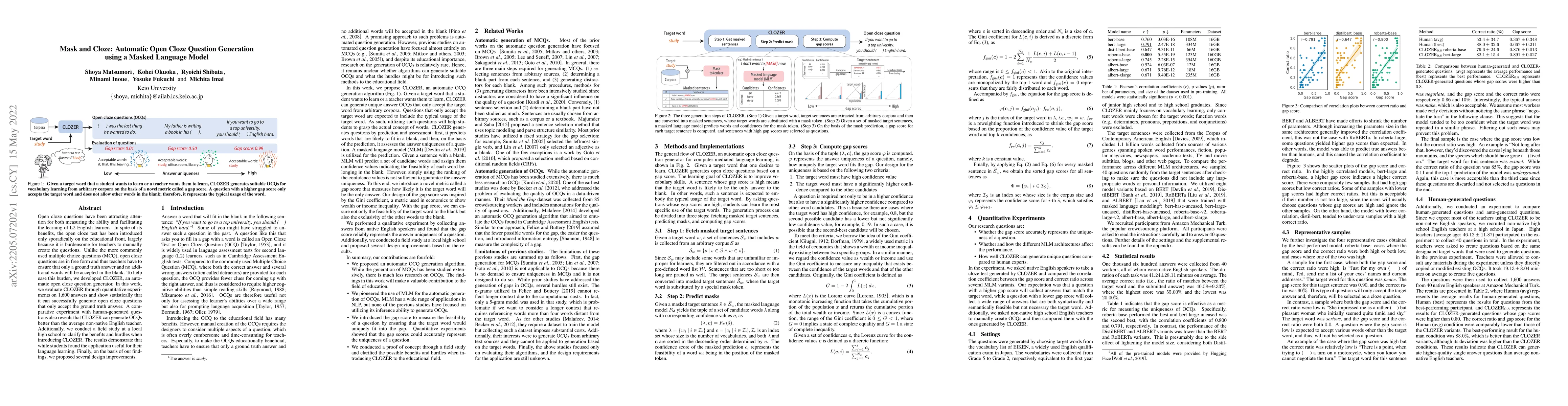Thumbnail for Mask and Cloze: Automatic Open Cloze Question Generation using a Masked
  Language Model