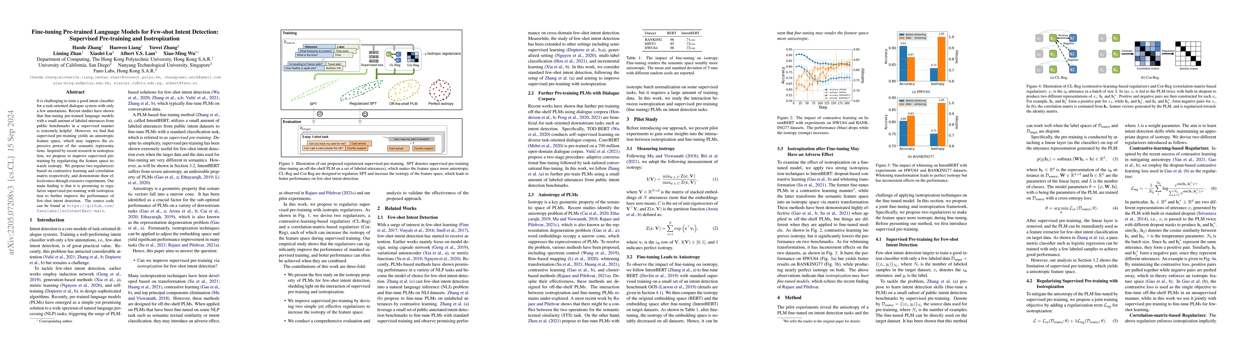 Thumbnail for Fine-tuning Pre-trained Language Models for Few-shot Intent Detection:
  Supervised Pre-training and Isotropization