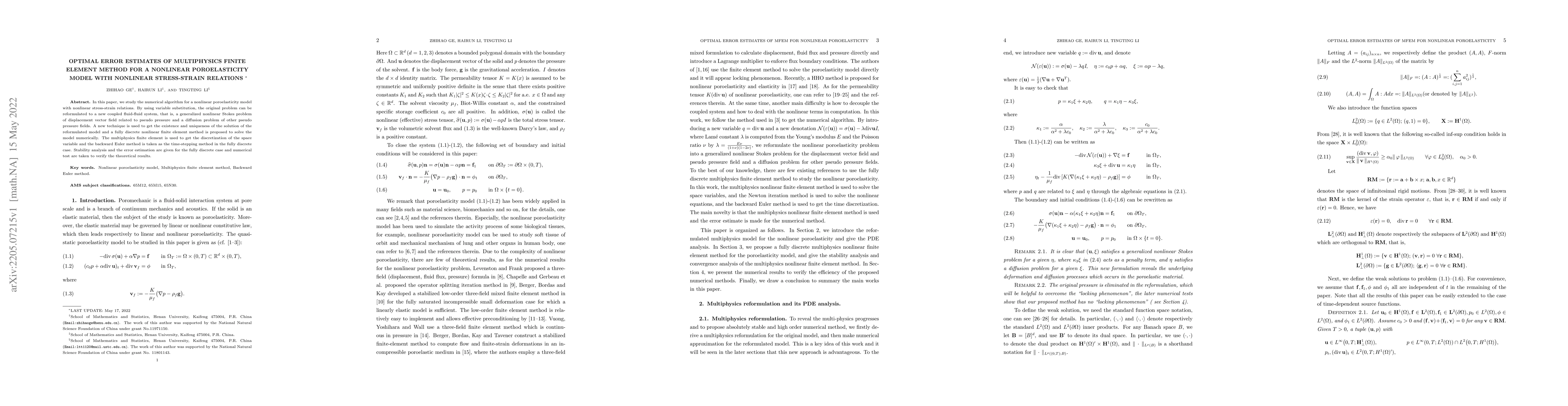 Thumbnail for Optimal error estimates of multiphysics finite element method for a
  nonlinear poroelasticity model with nonlinear stress-strain relations