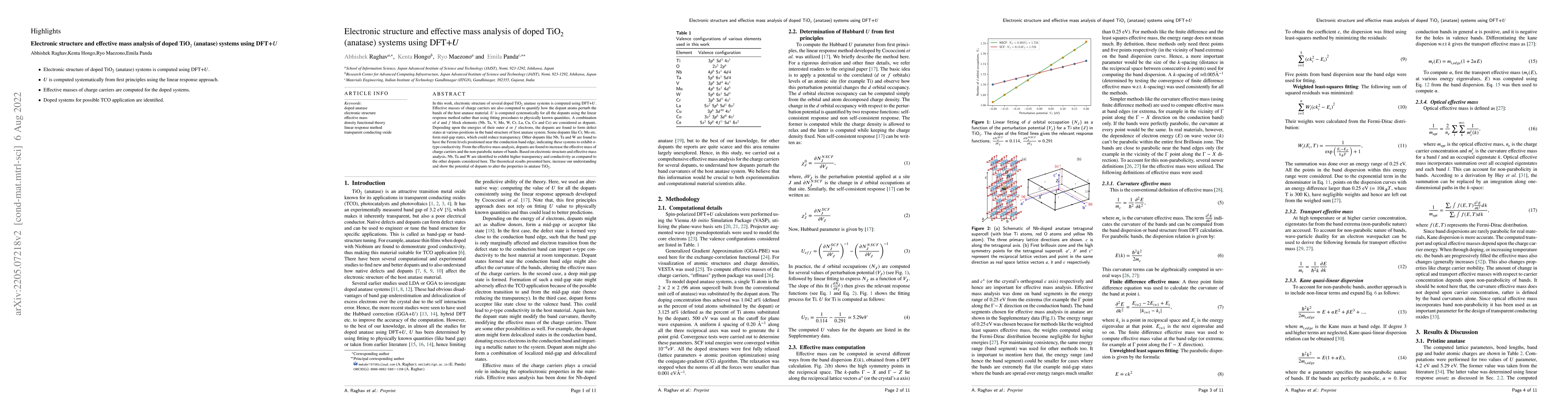 Thumbnail for Electronic structure and effective mass analysis of doped TiO$_2$
  (anatase) systems using DFT+$U$