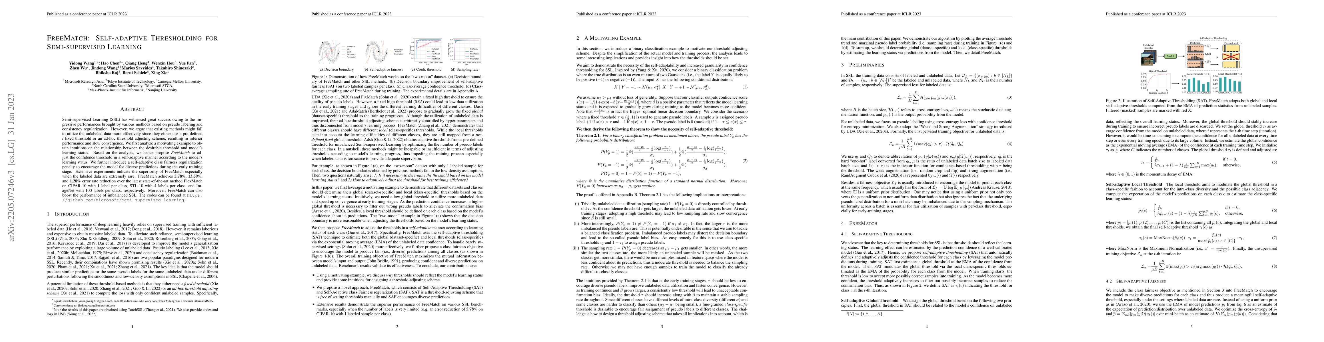 Thumbnail for FreeMatch: Self-adaptive Thresholding for Semi-supervised Learning
