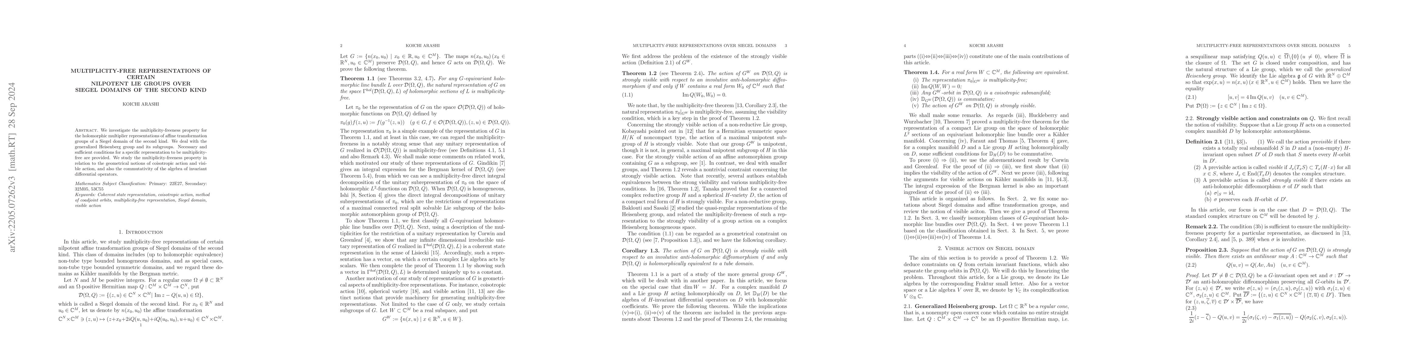 Thumbnail for Multiplicity-free representations of certain nilpotent Lie groups over
  Siegel domains of the second kind