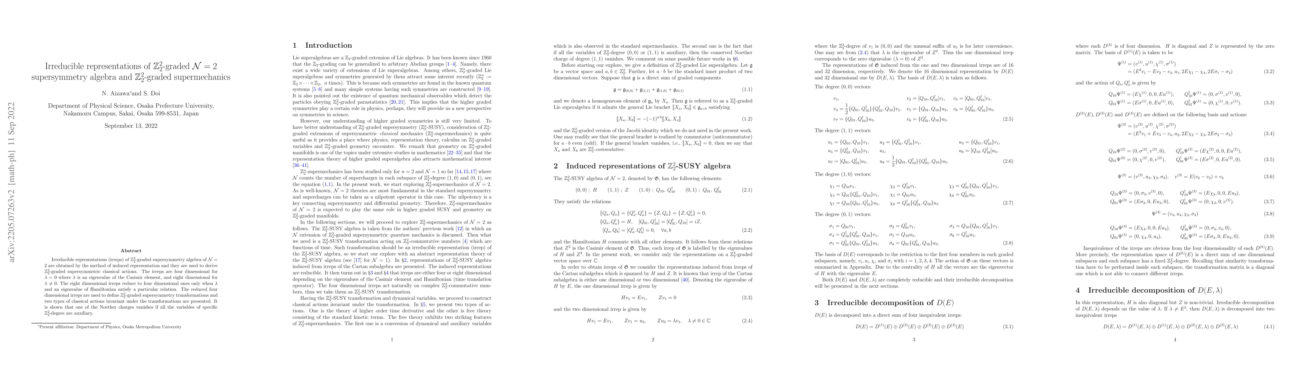 Thumbnail for Irreducible representations of $\mathbb{Z}_2^2$-graded ${\cal N} =2$
  supersymmetry algebra and $\mathbb{Z}_2^2$-graded supermechanics