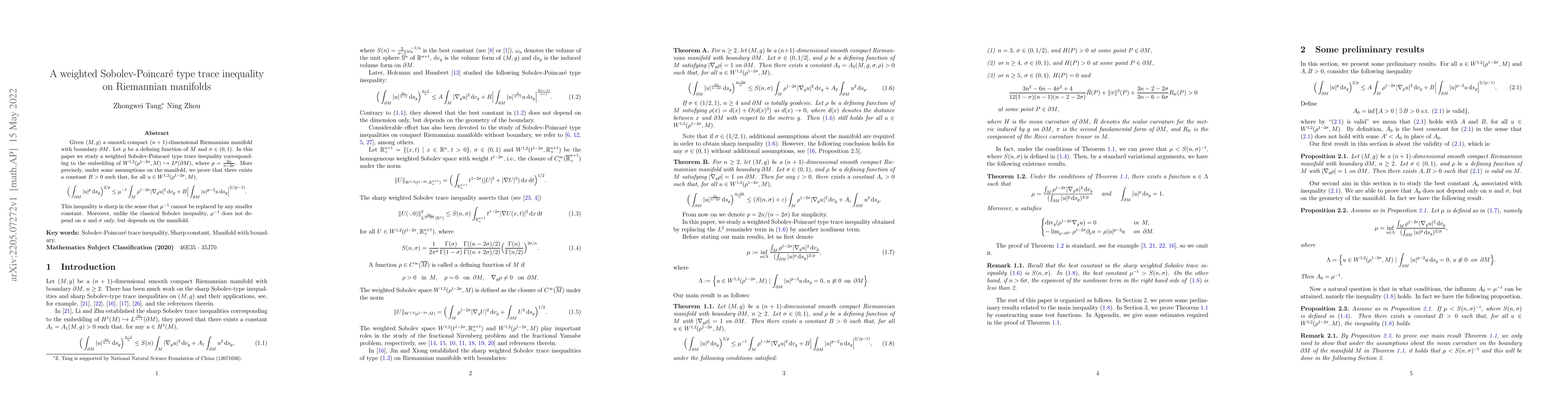 Thumbnail for A weighted Sobolev-Poincar\'e type trace inequality on Riemannian
  manifolds