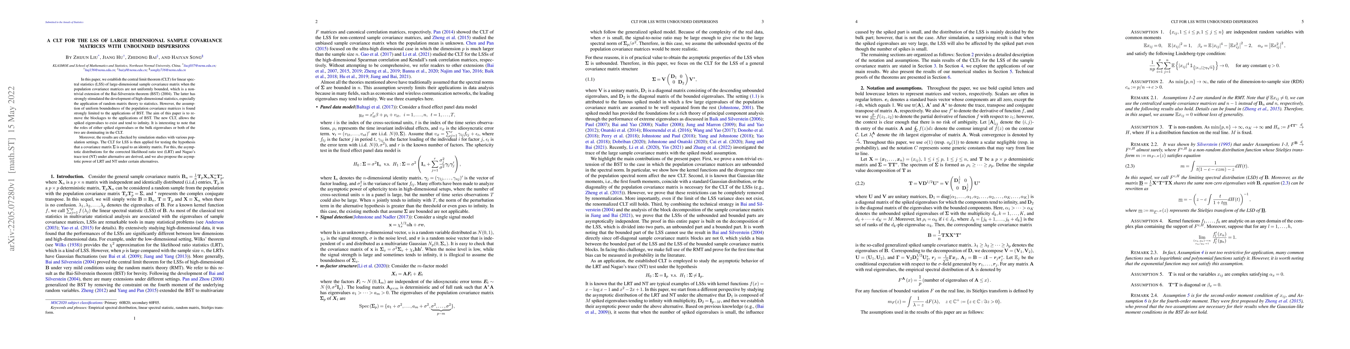 Thumbnail for A CLT for the LSS of large dimensional sample covariance matrices with
  unbounded dispersions