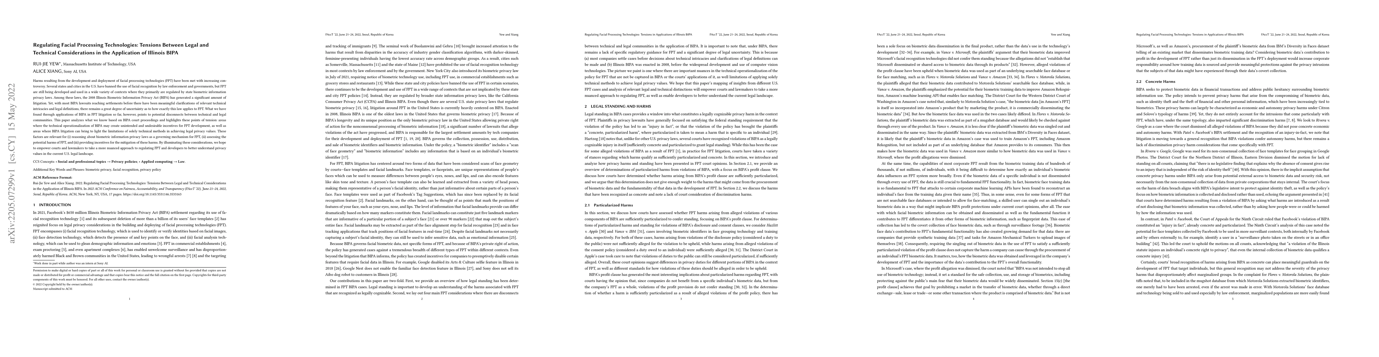 Thumbnail for Regulating Facial Processing Technologies: Tensions Between Legal and
  Technical Considerations in the Application of Illinois BIPA