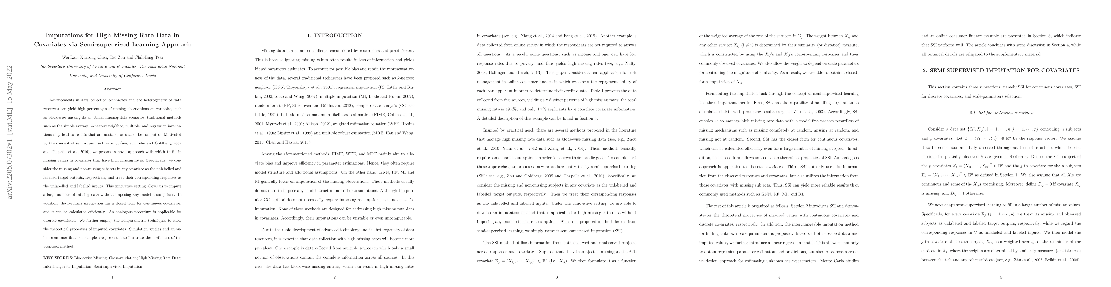 Thumbnail for Imputations for High Missing Rate Data in Covariates via Semi-supervised
  Learning Approach