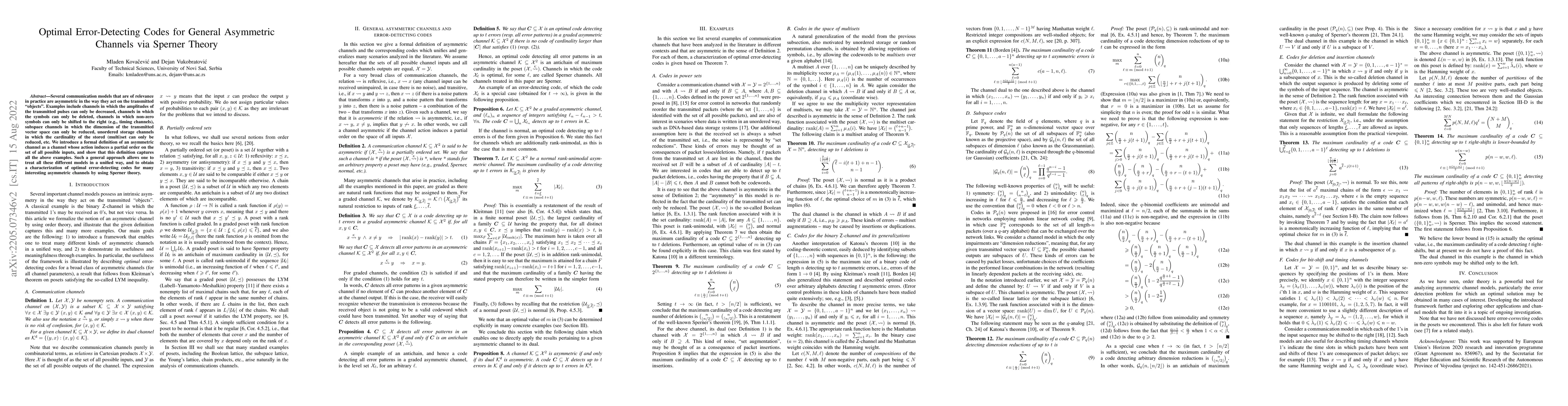 Thumbnail for Optimal Error-Detecting Codes for General Asymmetric Channels via
  Sperner Theory