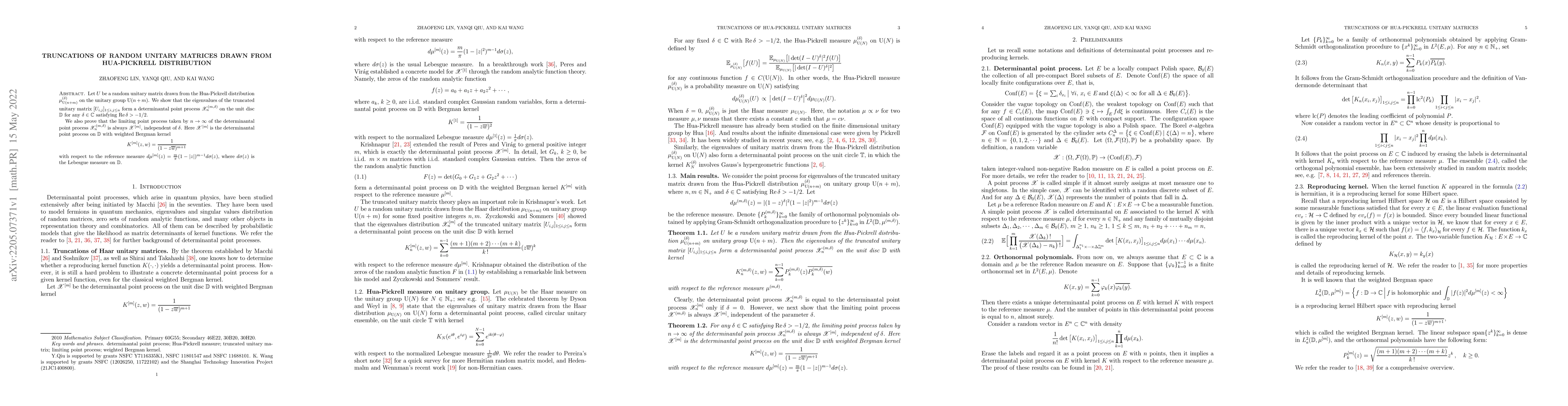 Thumbnail for Truncations of random unitary matrices drawn from Hua-Pickrell
  distribution