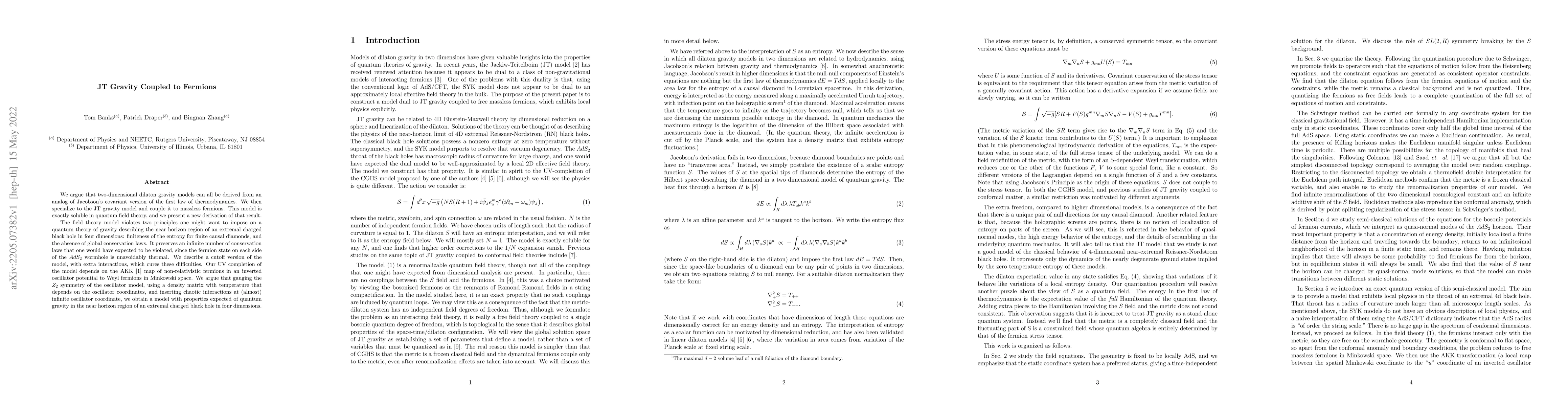 Thumbnail for JT Gravity Coupled to Fermions
