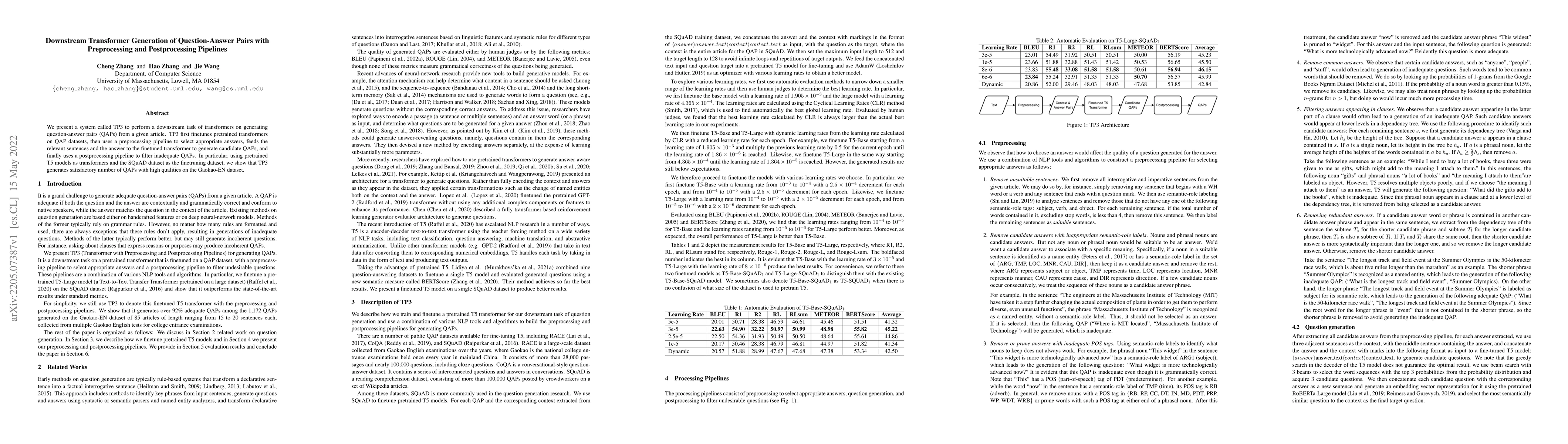 Thumbnail for Downstream Transformer Generation of Question-Answer Pairs with
  Preprocessing and Postprocessing Pipelines