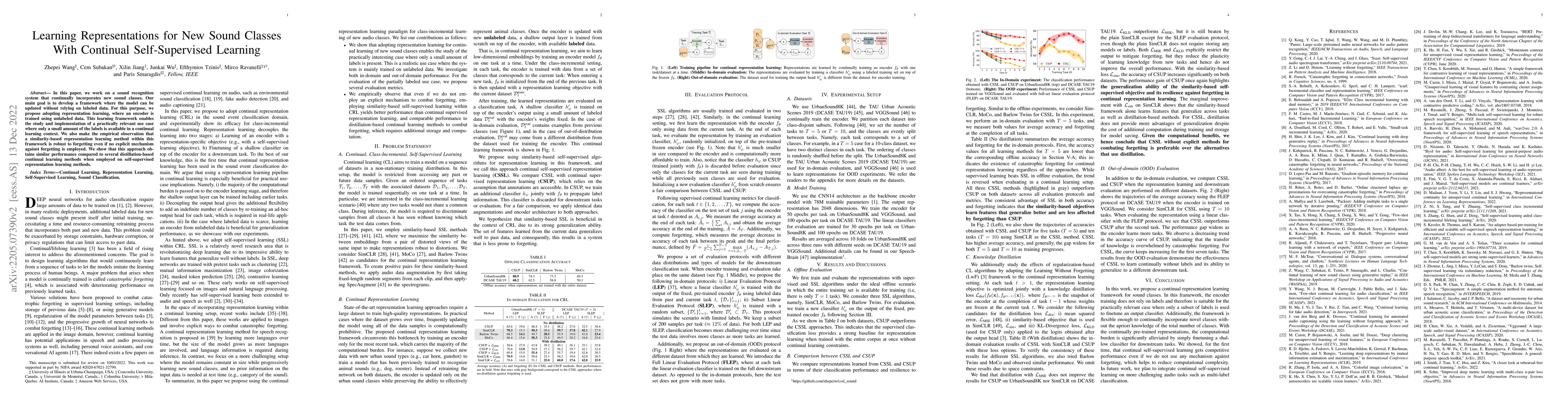 Thumbnail for Learning Representations for New Sound Classes With Continual
  Self-Supervised Learning