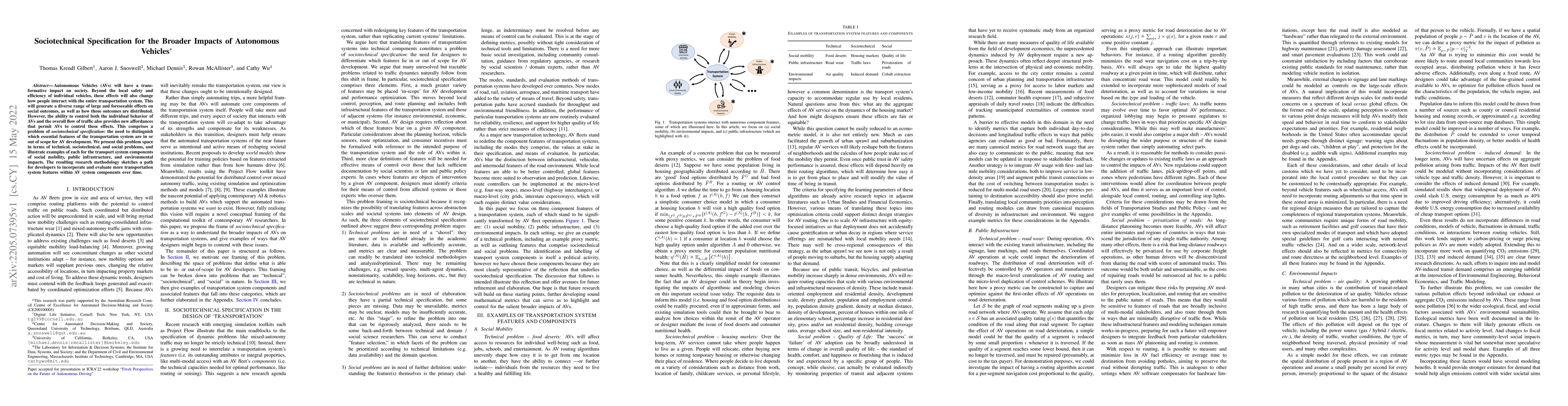 Thumbnail for Sociotechnical Specification for the Broader Impacts of Autonomous
  Vehicles