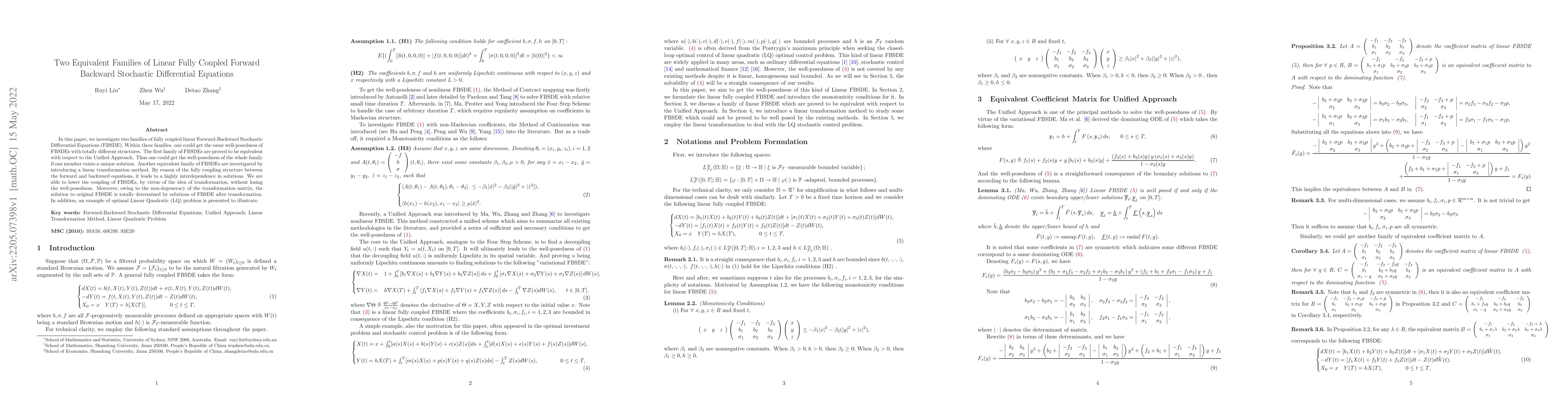 Thumbnail for Two Equivalent Families of Linear Fully Coupled Forward Backward
  Stochastic Differential Equations