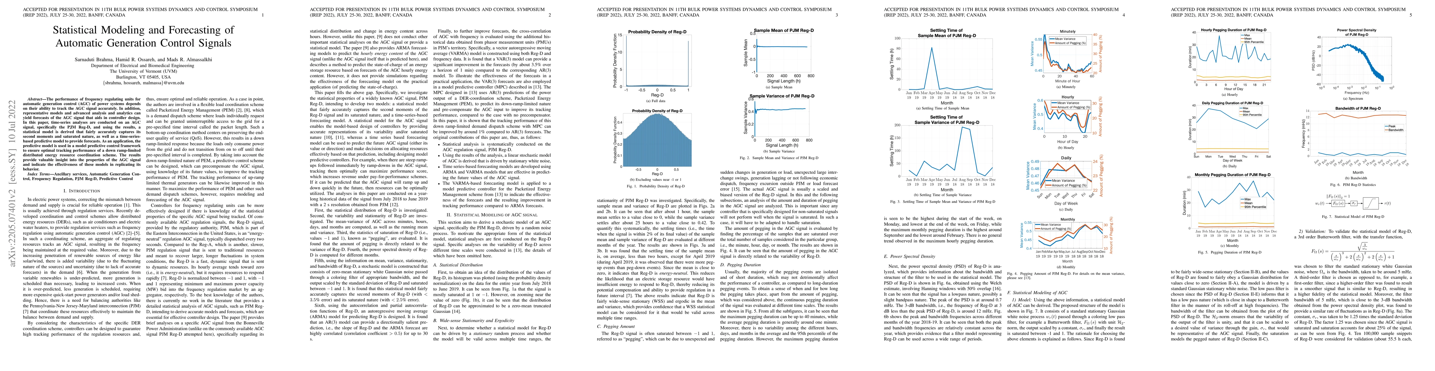 Thumbnail for Statistical Modeling and Forecasting of Automatic Generation Control
  Signals