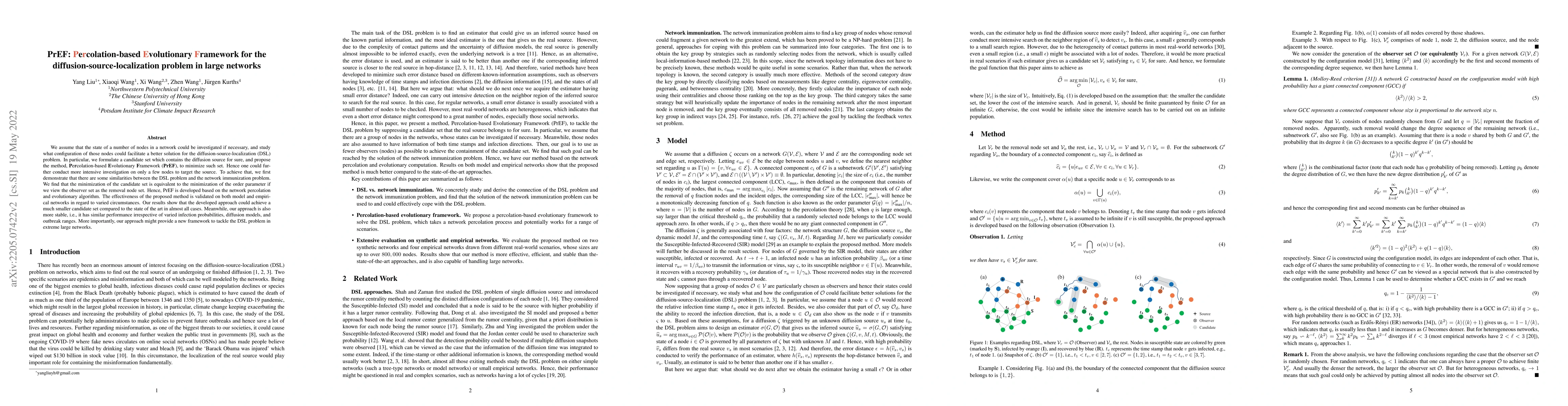 Thumbnail for PrEF: Percolation-based Evolutionary Framework for the
  diffusion-source-localization problem in large networks