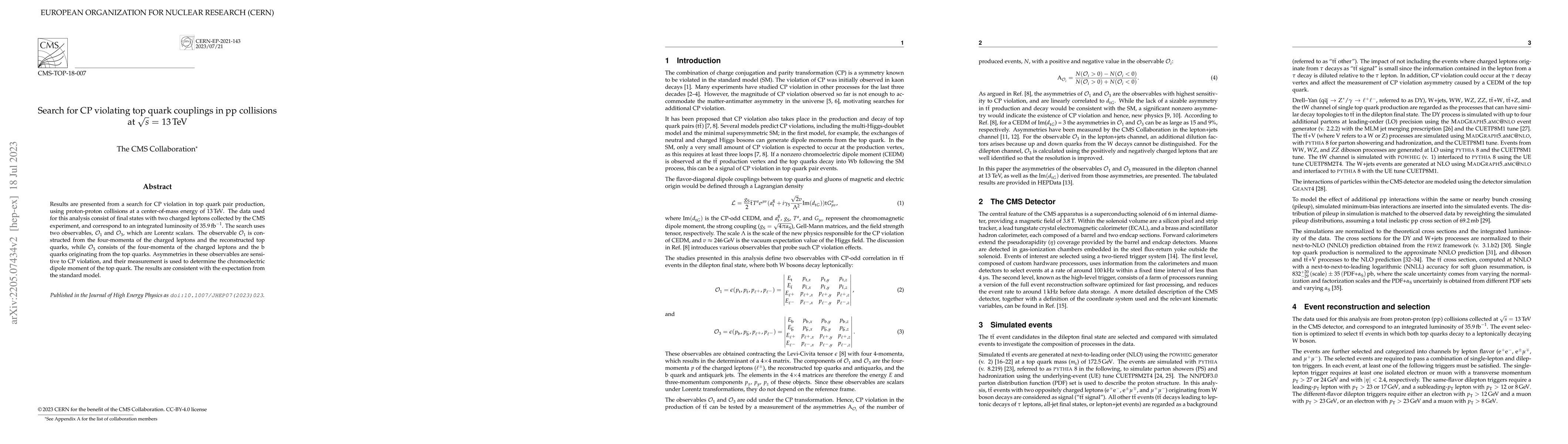 Thumbnail for Search for CP violating top quark couplings in pp collisions at
  $\sqrt{s}$ = 13 TeV