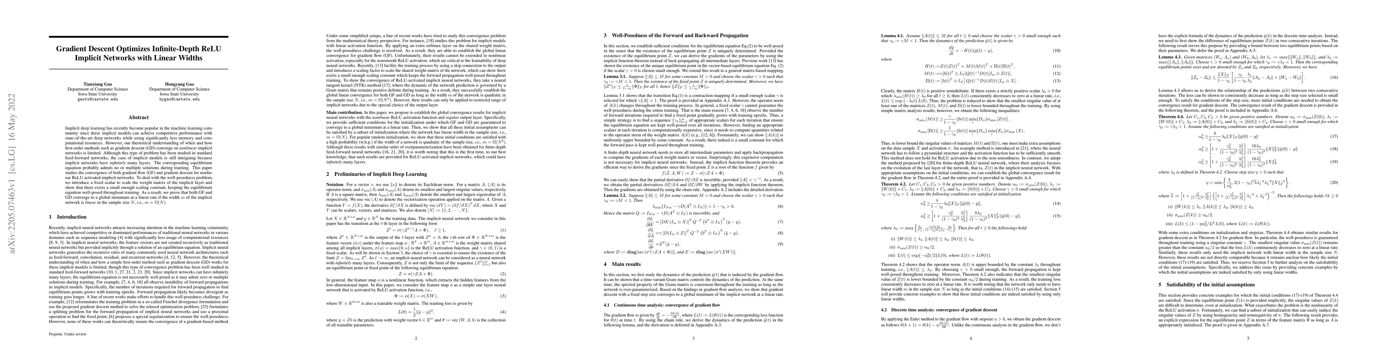 Thumbnail for Gradient Descent Optimizes Infinite-Depth ReLU Implicit Networks with
  Linear Widths