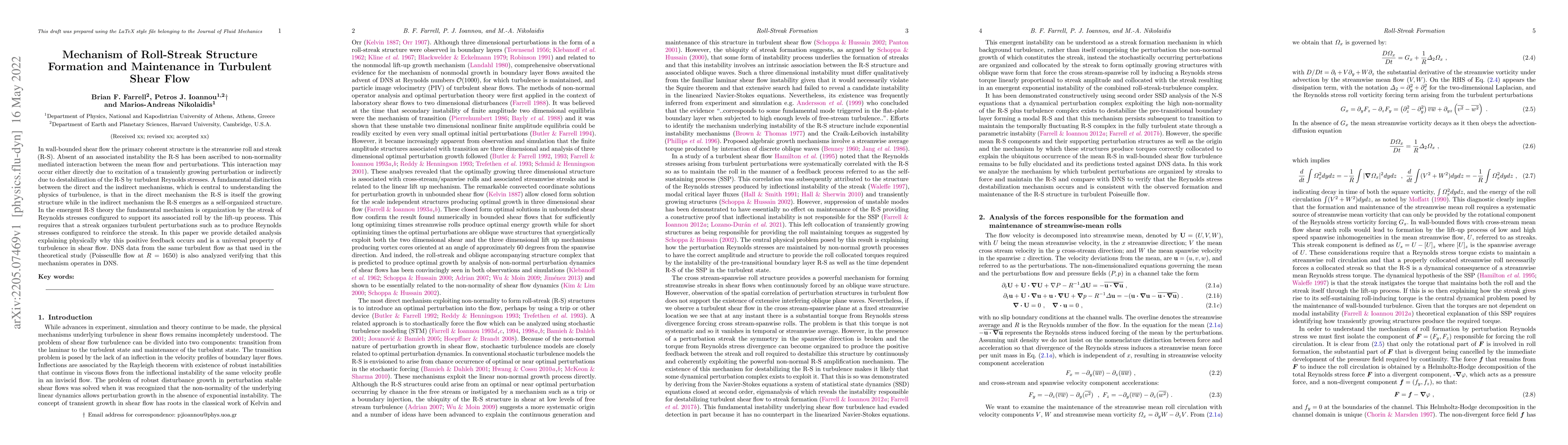 Thumbnail for Mechanism of Roll-Streak Structure Formation and Maintenance in
  Turbulent Shear Flow