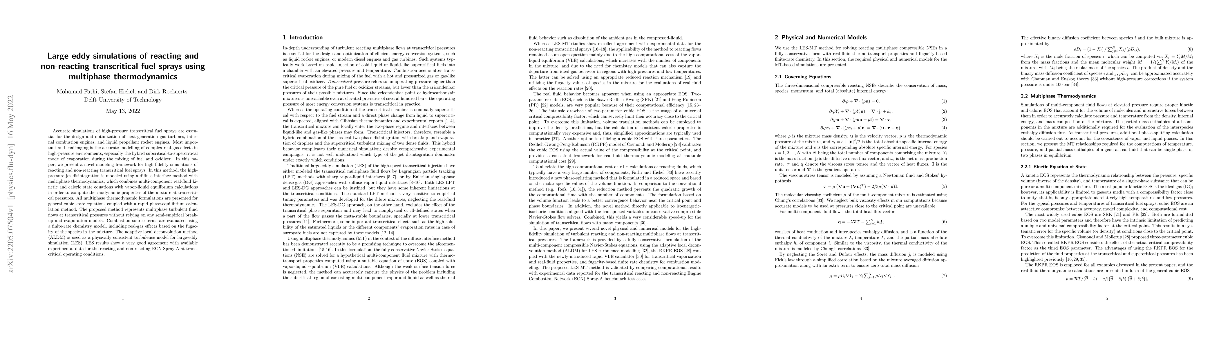 Thumbnail for Large eddy simulations of reacting and non-reacting transcritical fuel
  sprays using multiphase thermodynamics