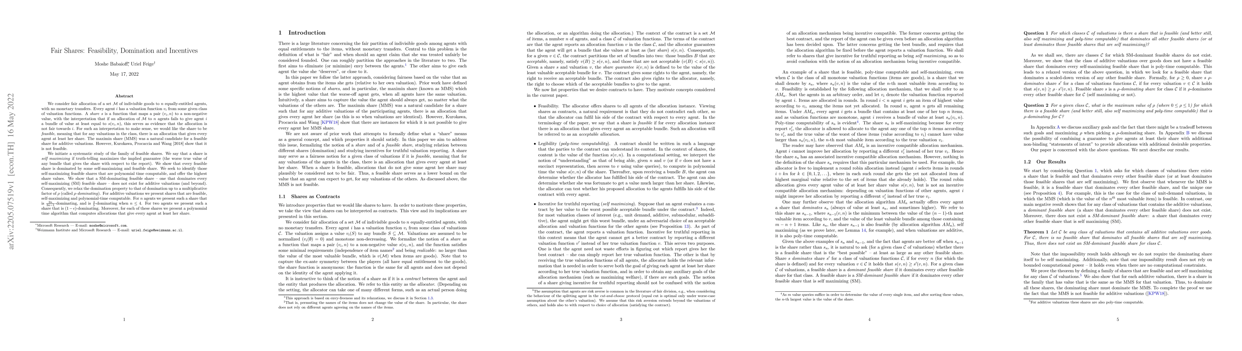 Thumbnail for Fair Shares: Feasibility, Domination and Incentives