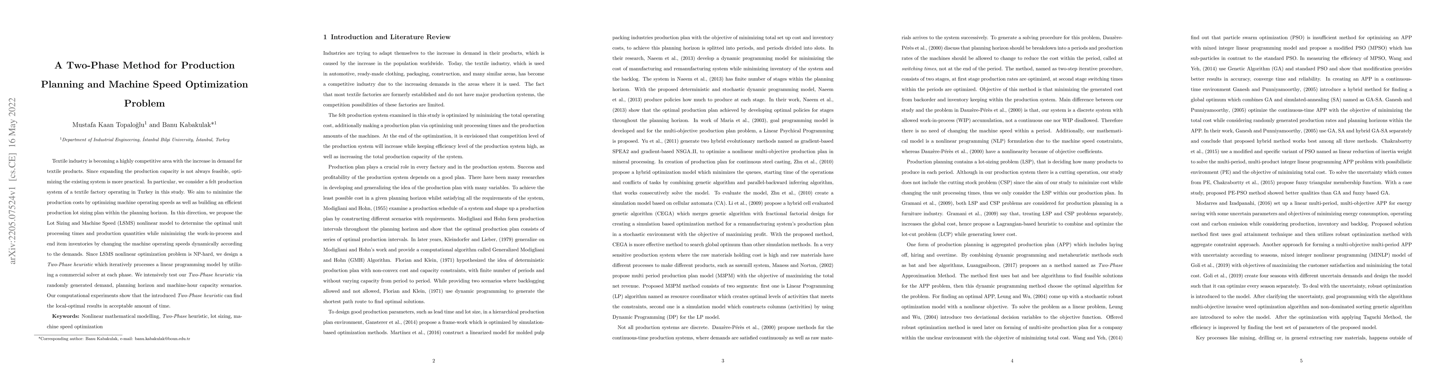 Thumbnail for A Two-Phase Method for Production Planning and Machine Speed
  Optimization Problem