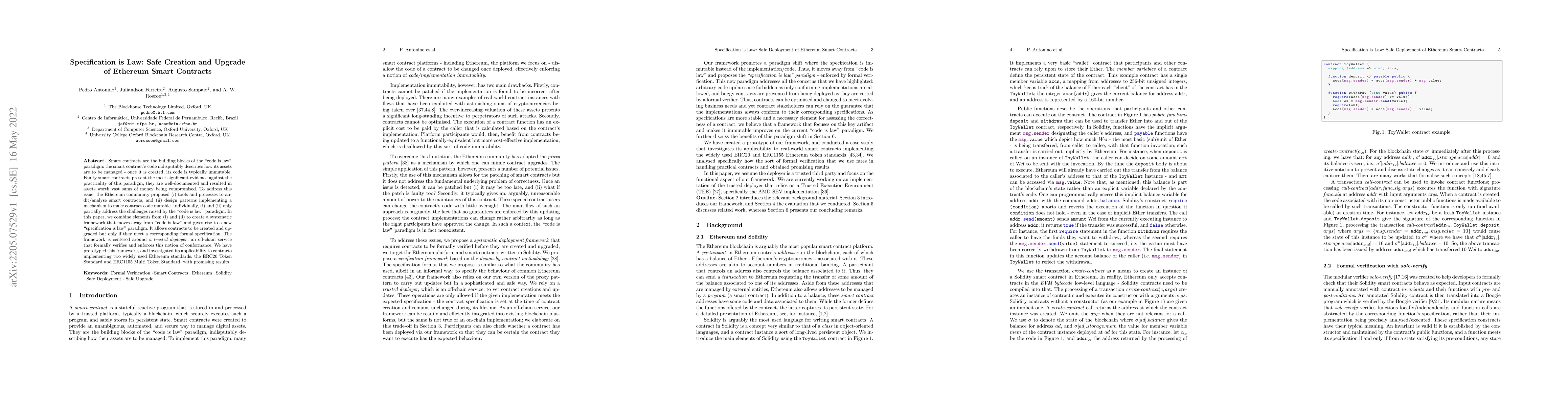 Thumbnail for Specification is Law: Safe Creation and Upgrade of Ethereum Smart
  Contracts