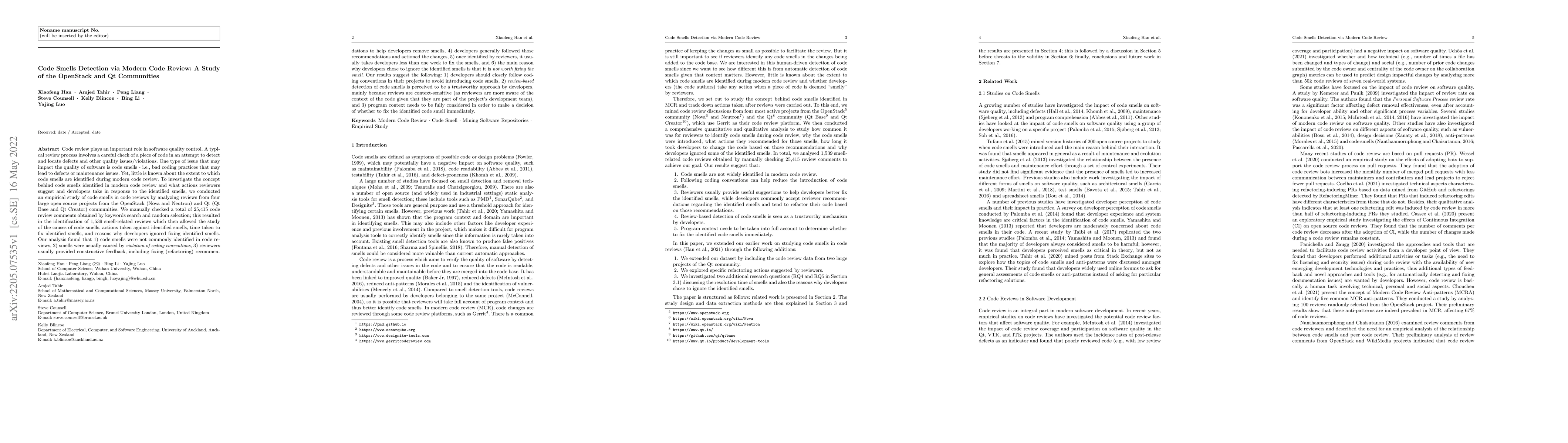 Thumbnail for Code Smells Detection via Modern Code Review: A Study of the OpenStack
  and Qt Communities